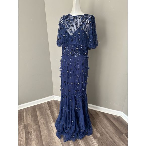 MAC DUGGAL EMBELLISHED ILLUSION CAPE SLEEVE TRUMPET GOWN - Picture 6 of 11